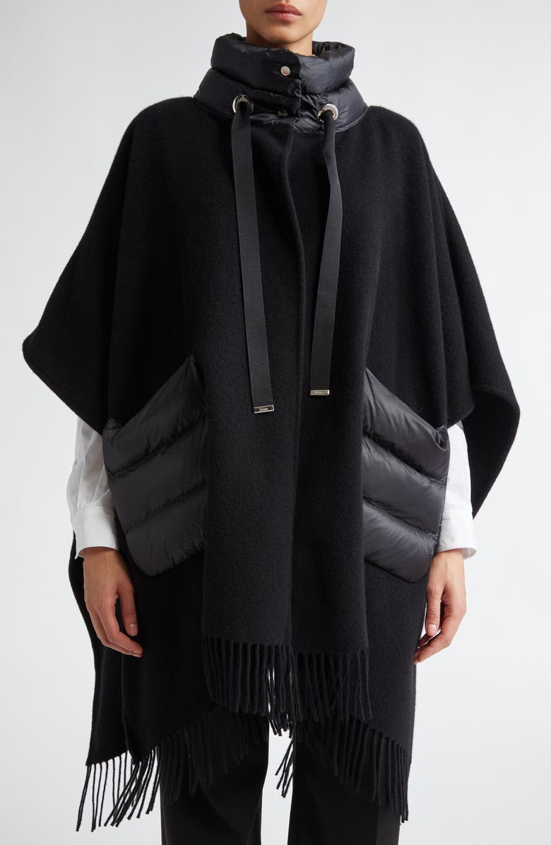 Herno Mixed Media Fringe Trim Poncho, Main, color, Black