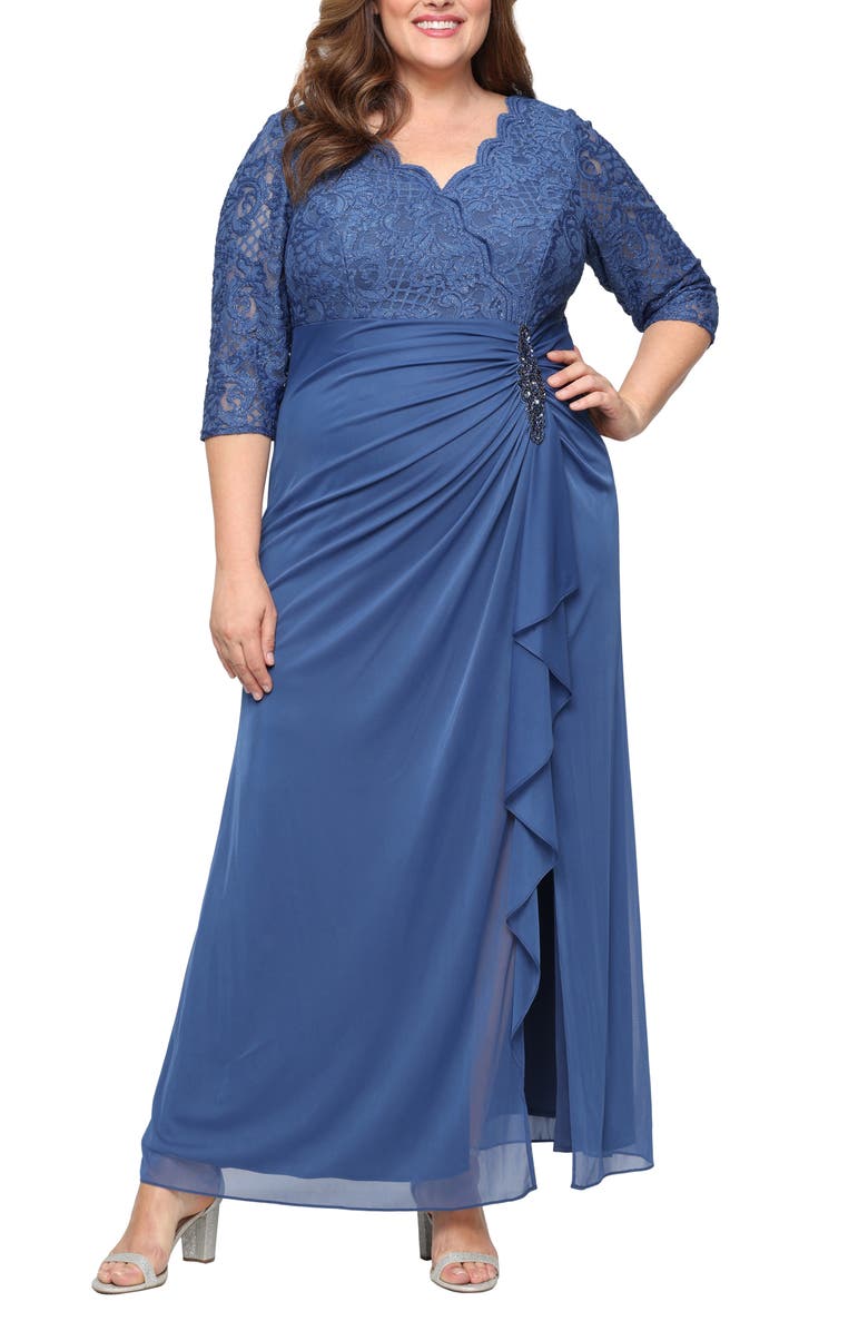 Alex Evenings Beaded Lace Bodice Empire Waist Gown, Main, color, Wedgewood