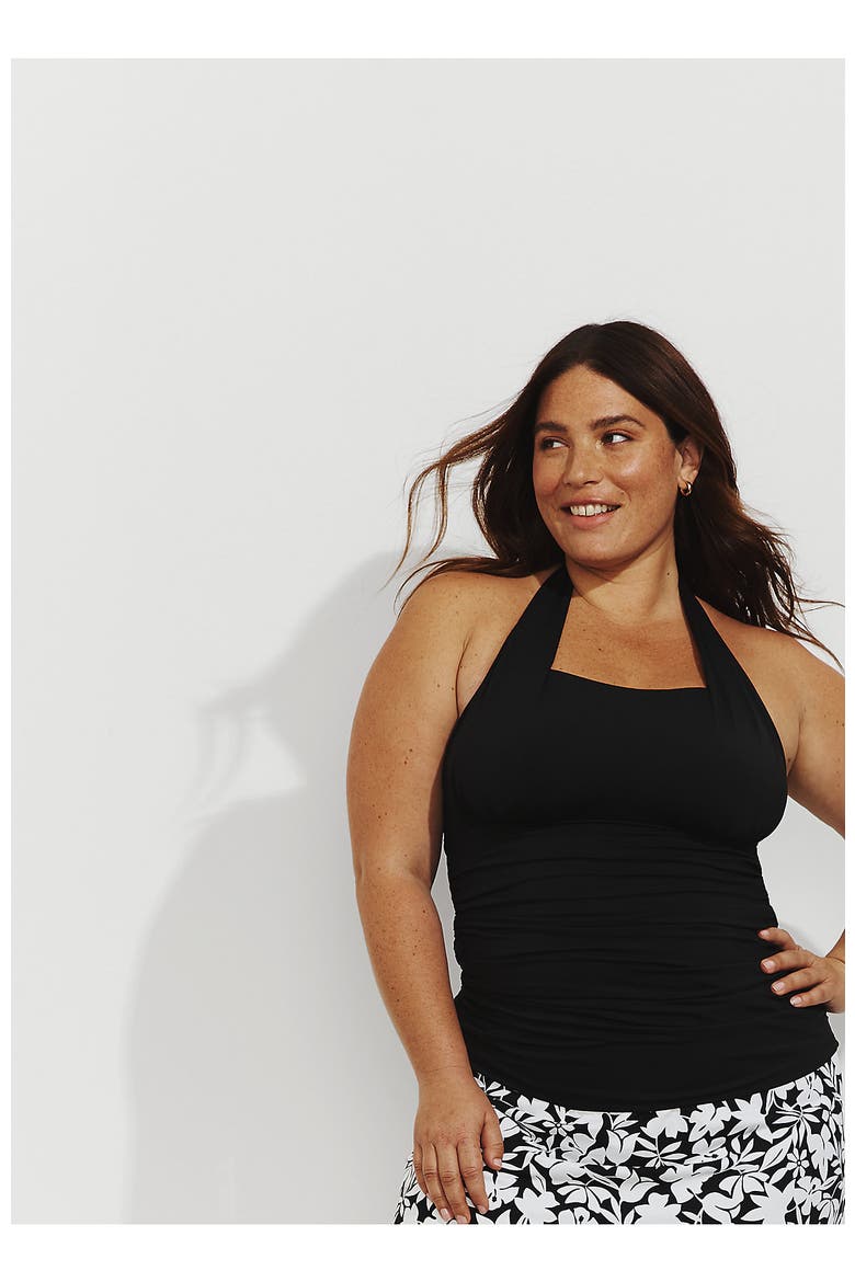 Plus Size Long Chlorine Resistant Square Neck Halter Tankini Swimsuit Top, Main, color, Black