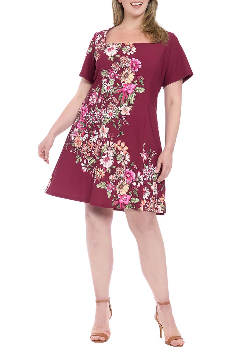 Floral Short Sleeve Fit & Flare Dress, Main, color, PLUM/ BROOT