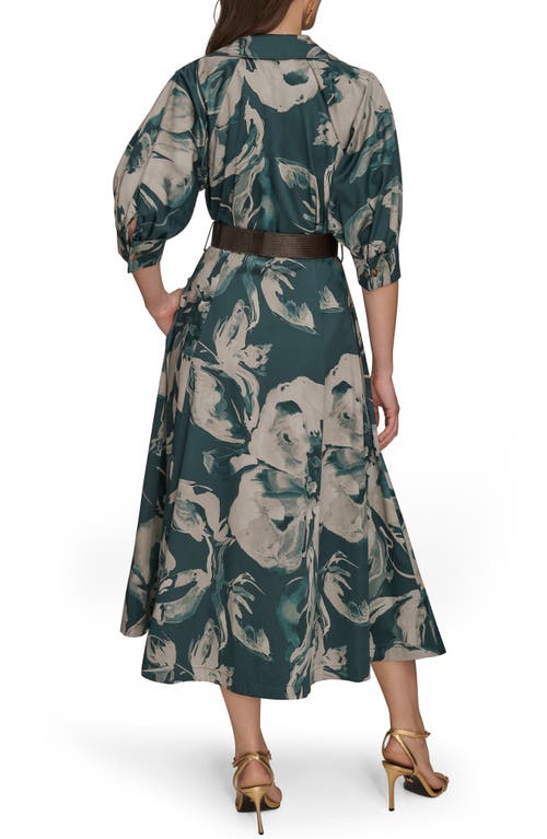 Donna Karan Abstract Floral Belted Midi Shirtdress In Green