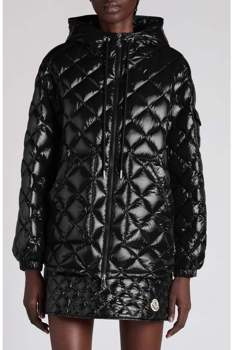 Diamond Quilted Down Hooded Jacket, Main, color, BLACK