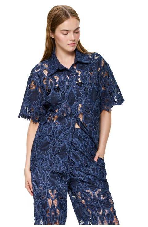 Guipure Lace Short Sleeve Button Down Shirt Cover-Up