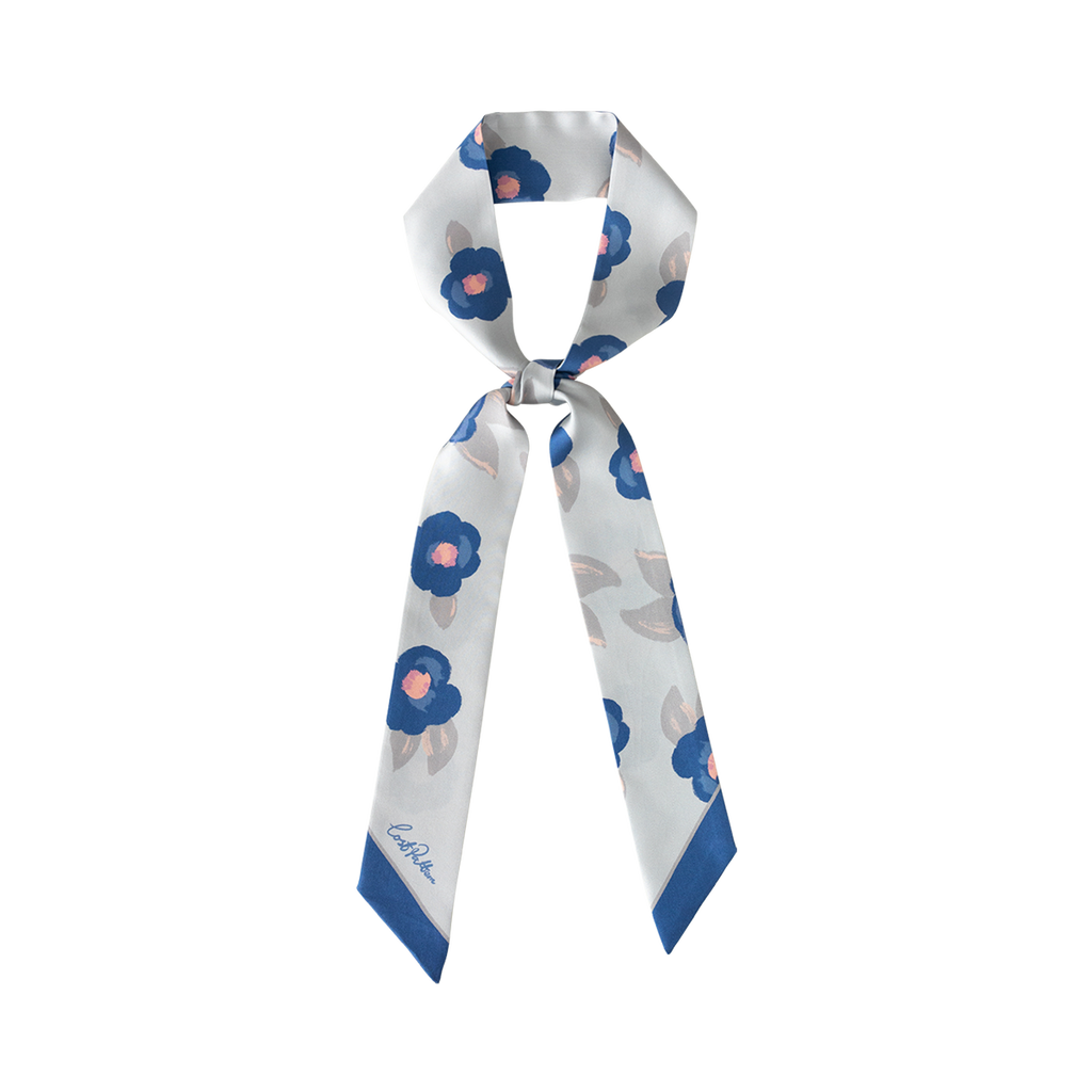 Lost Pattern NYC "Camellia" Silk Twill Skinny Scarf - Dark Brown in Blue  product