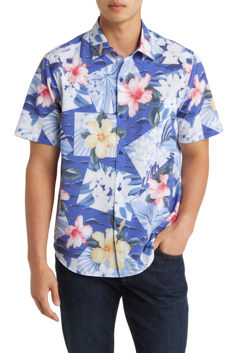Bahama Coast Collage IslandZone® Short Sleeve Button-Up Shirt, Main, color, DEEP ULTRAMARINE