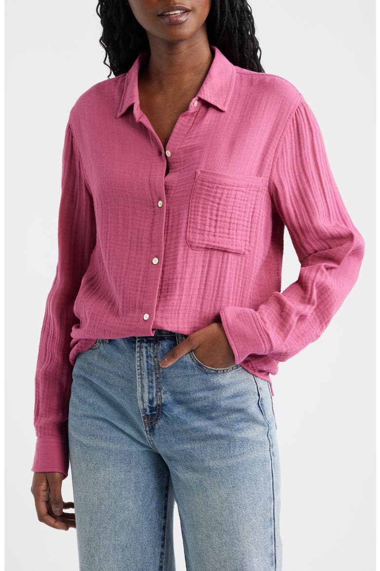 Ellis Organic Cotton Gauze Button-Up Shirt, Main, color, DARK ROSE