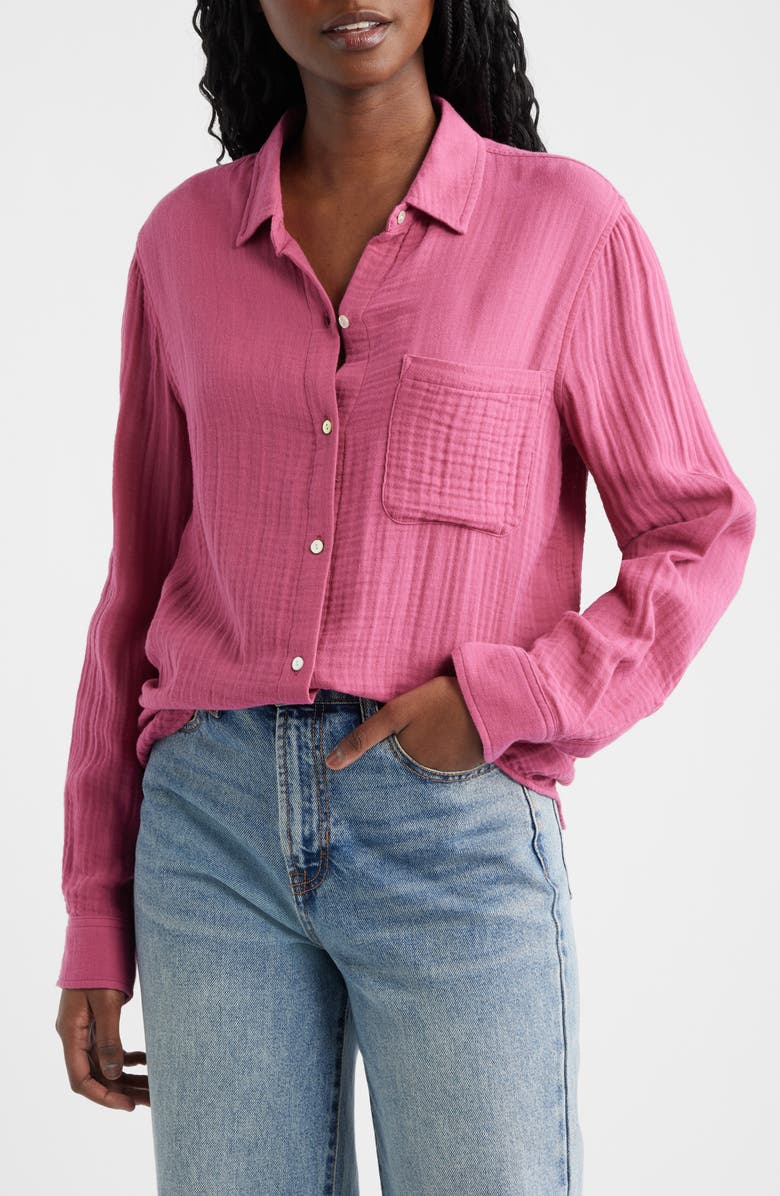 Rails Ellis Organic Cotton Gauze Button-Up Shirt, Main, color, Dark Rose