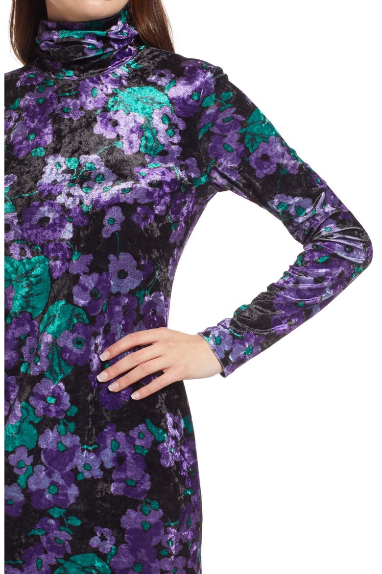 Floral Long Sleeve Crushed Velvet Turtleneck Midi Dress, Alternate, color, PURPLE FLOWER VELVET