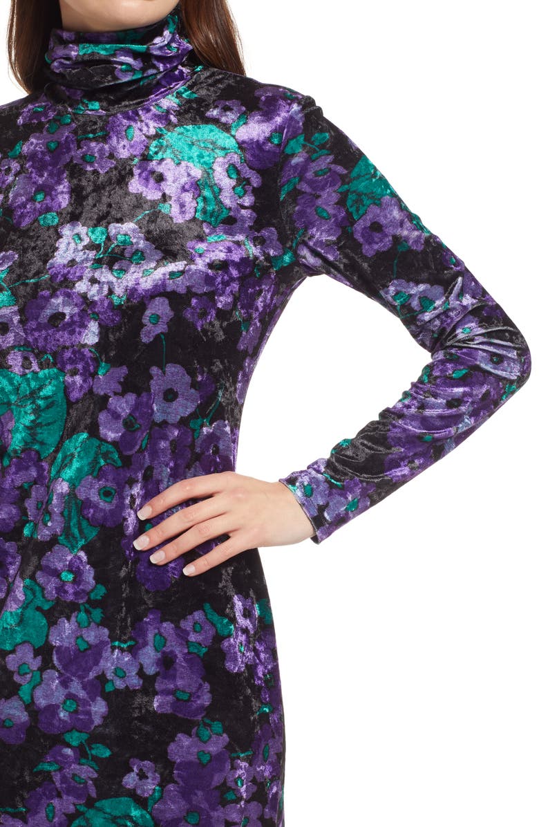 & Other Stories Floral Long Sleeve Crushed Velvet Turtleneck Midi Dress, Alternate, color, 