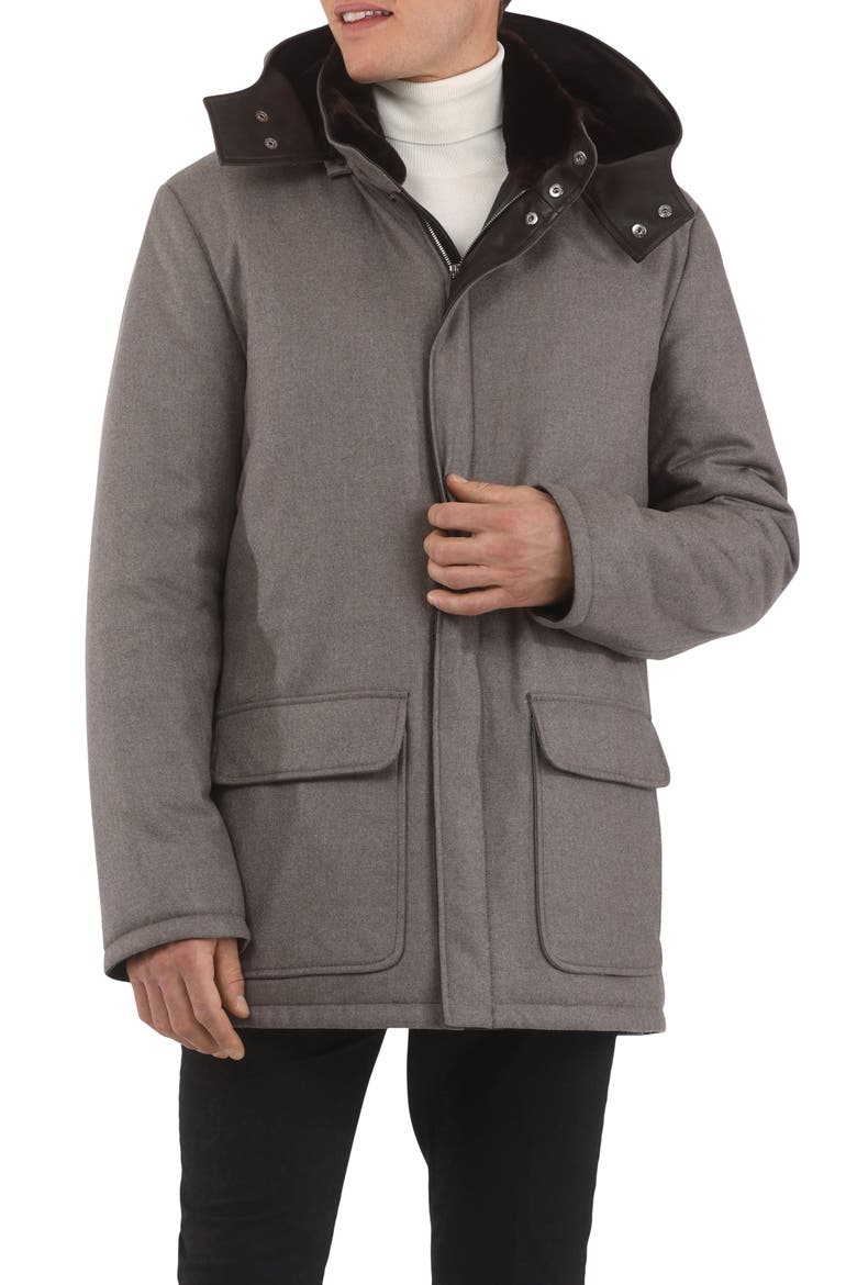 Mens Wool And Cashmere Blend Parka with Genuine Shearling Lining, Alternate, color, TAUPE/BROWN