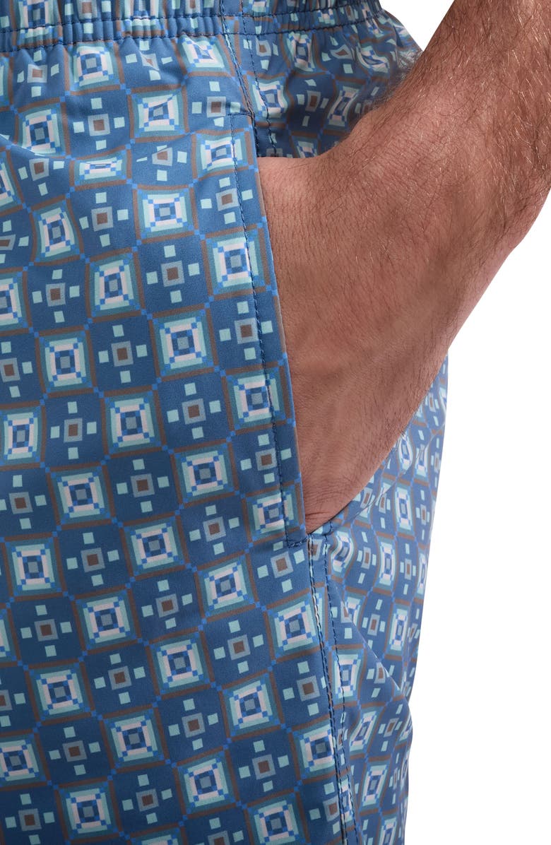 Bugatchi Cruz Print Swim Trunks, Alternate, color, Peacock