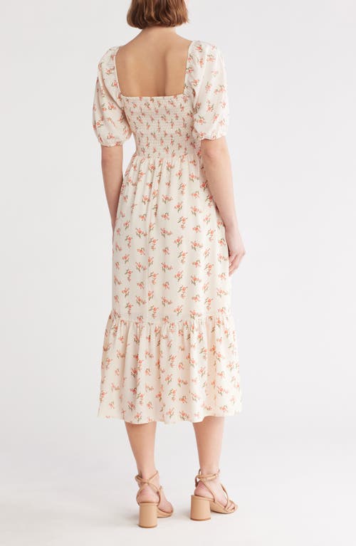 Shop Melrose And Market Smocked Puff Sleeve Midi Dress In Ivory- Pink Flowers