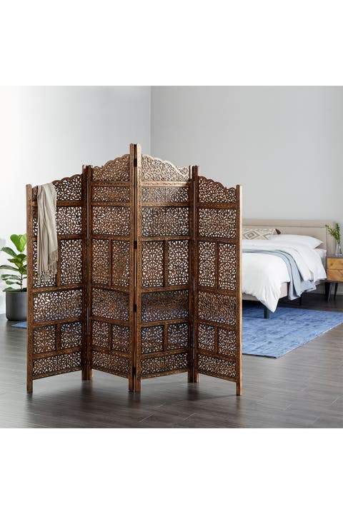 Brown Wood Handmade Foldable Arched 4 Panel Floral Room Divider Screen with Intricately Carved Designs