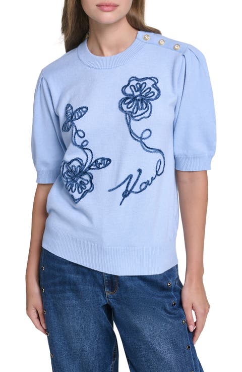 Floral Stitch Short Sleeve Cotton Blend Sweater