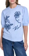 KARL LAGERFELD PARIS Floral Stitch Short Sleeve Cotton Blend Sweater