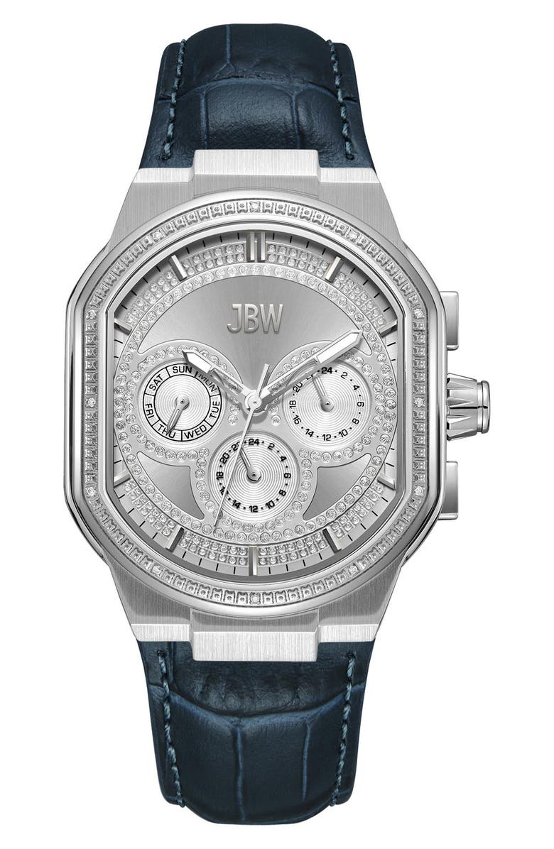JBW Orion Diamond Leather Strap Watch, 39mm, Main, color, Stainless Steel/Blue