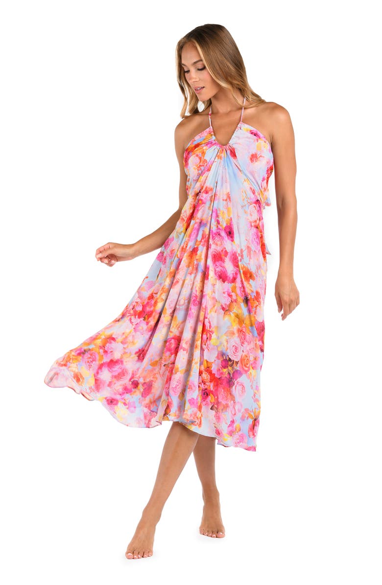 L'AGENCE Cheri Soft Cloud Floral Cover-Up Halter Dress, Alternate, color, Pink