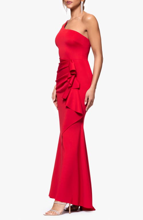 Xscape Evenings Ruffle One-shoulder Scuba Gown In Red