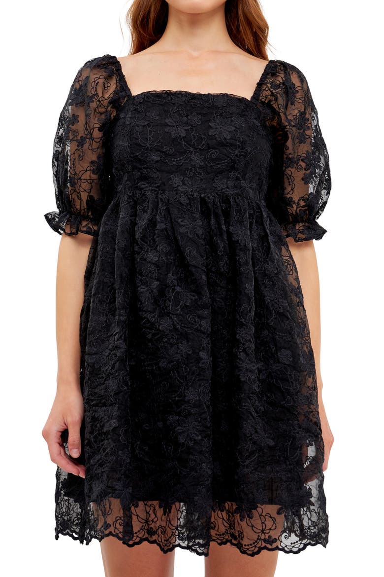 Floral Embroidered Puff Sleeve Babydoll Dress, Alternate, color, BLACK
