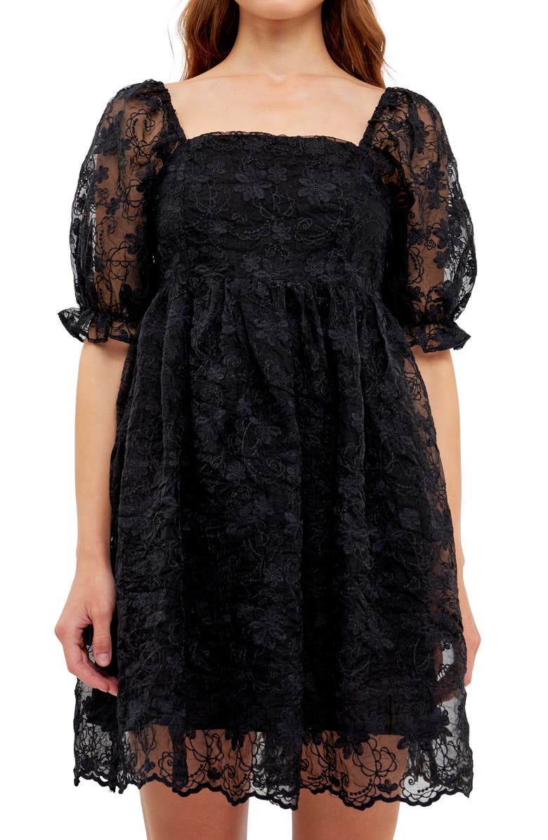 Endless Rose Floral Embroidered Puff Sleeve Babydoll Dress, Alternate, color, Black