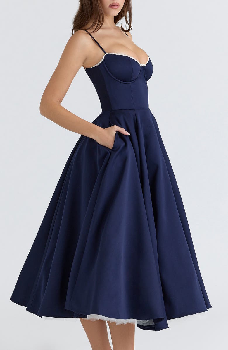 HOUSE OF CB Mademoiselle Sleeveless Satin Tulle Midi Dress, Alternate, color, Navy