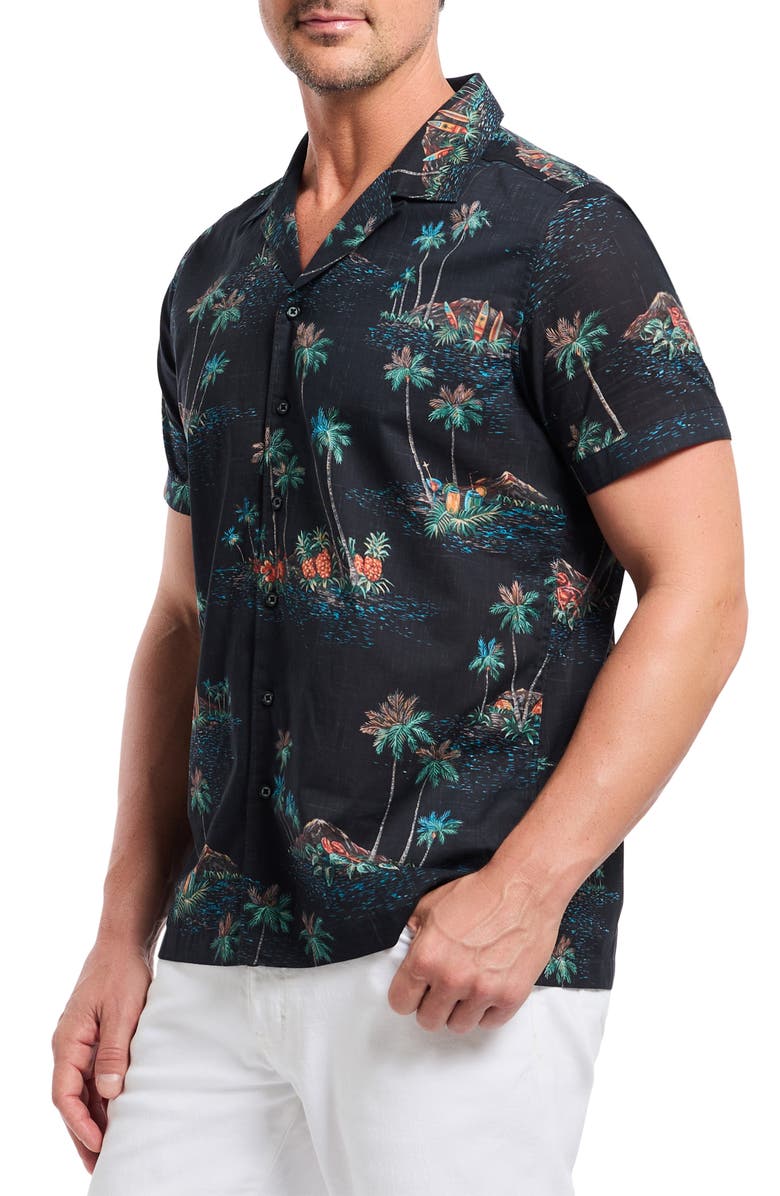 Robert Graham Kauai Tropical Print Cotton Camp Shirt, Alternate, color, Black
