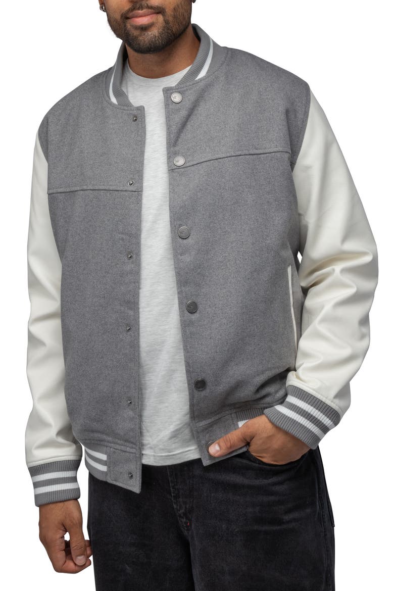 Mixed Media Faux Leather Bomber Jacket, Alternate, color, GREY/ WHITE