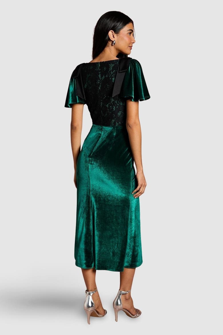 Velvet Lace Mix Short Sleeve Midi Dress, Alternate, color, Emerald