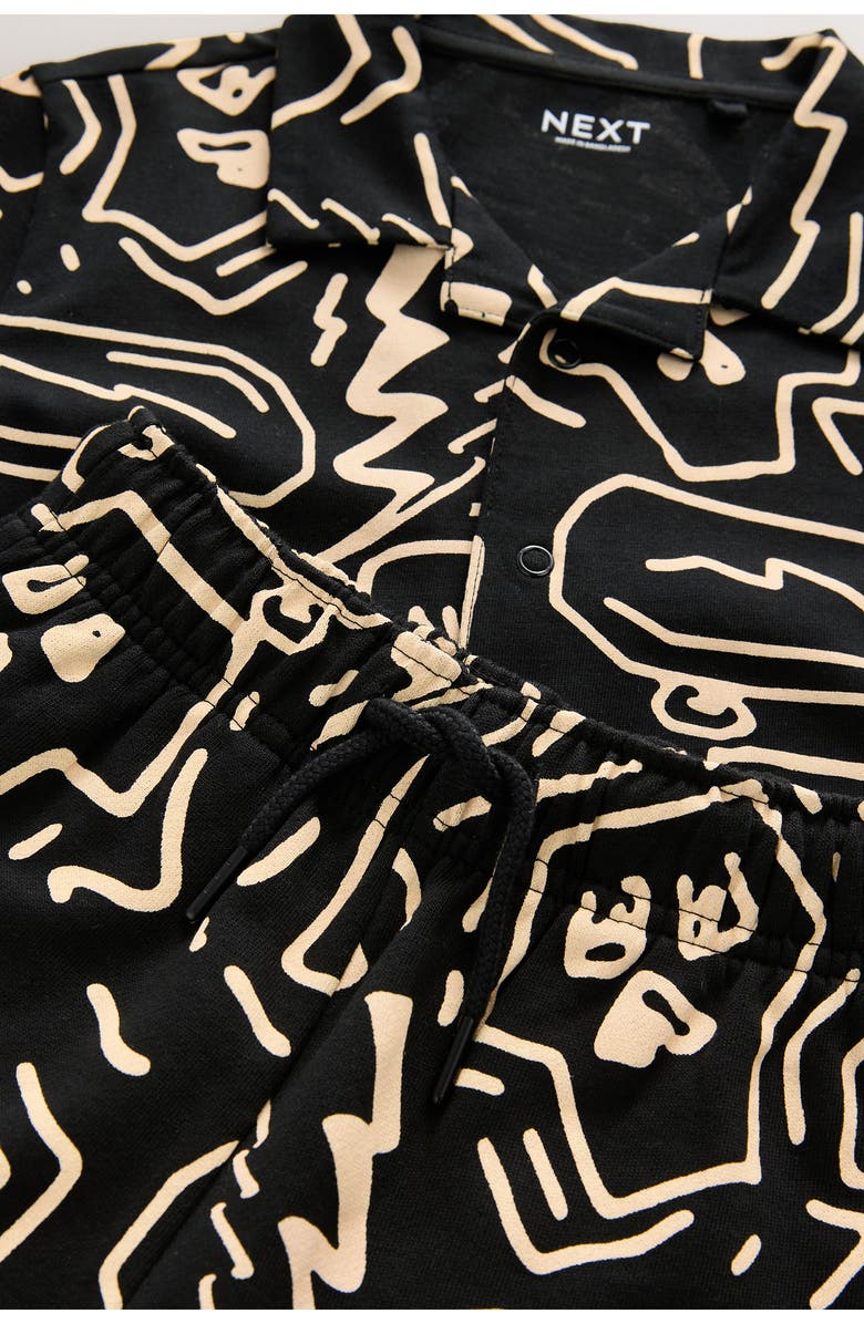 NEXT Kids' Abstract Print Knit Cotton Camp Shirt & Drawstring Shorts Set, Alternate, color, Black