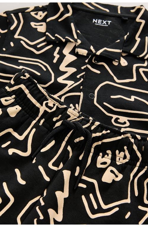 Next Kids' Abstract Print Knit Cotton Camp Shirt & Drawstring Shorts Set In Black