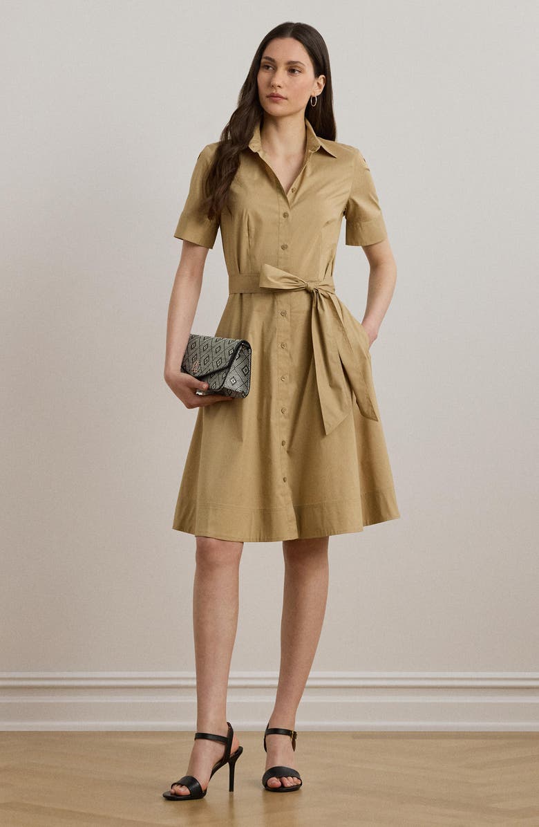 Lauren Ralph Lauren Belted Cotton Blend Shirtdress, Alternate, color, Birch Tan
