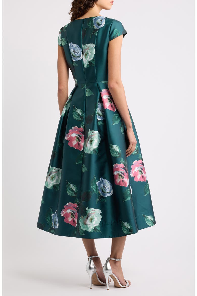 Floral Cap Sleeve Fit & Flare Satin Midi Dress, Alternate, color, HUNTER