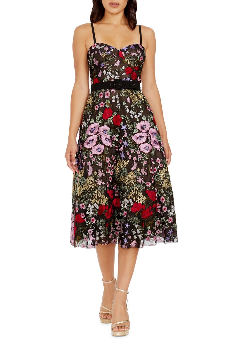 Carlita Floral Embroidery Bustier Midi Dress, Main, color, BLACK ROUGE MULTI