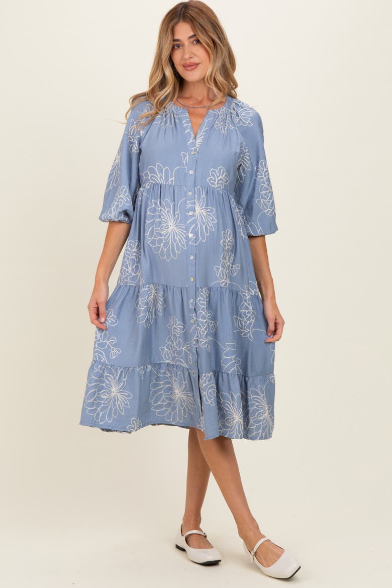 Embroidered Tiered Midi Shirt Dress, Alternate, color, Blue