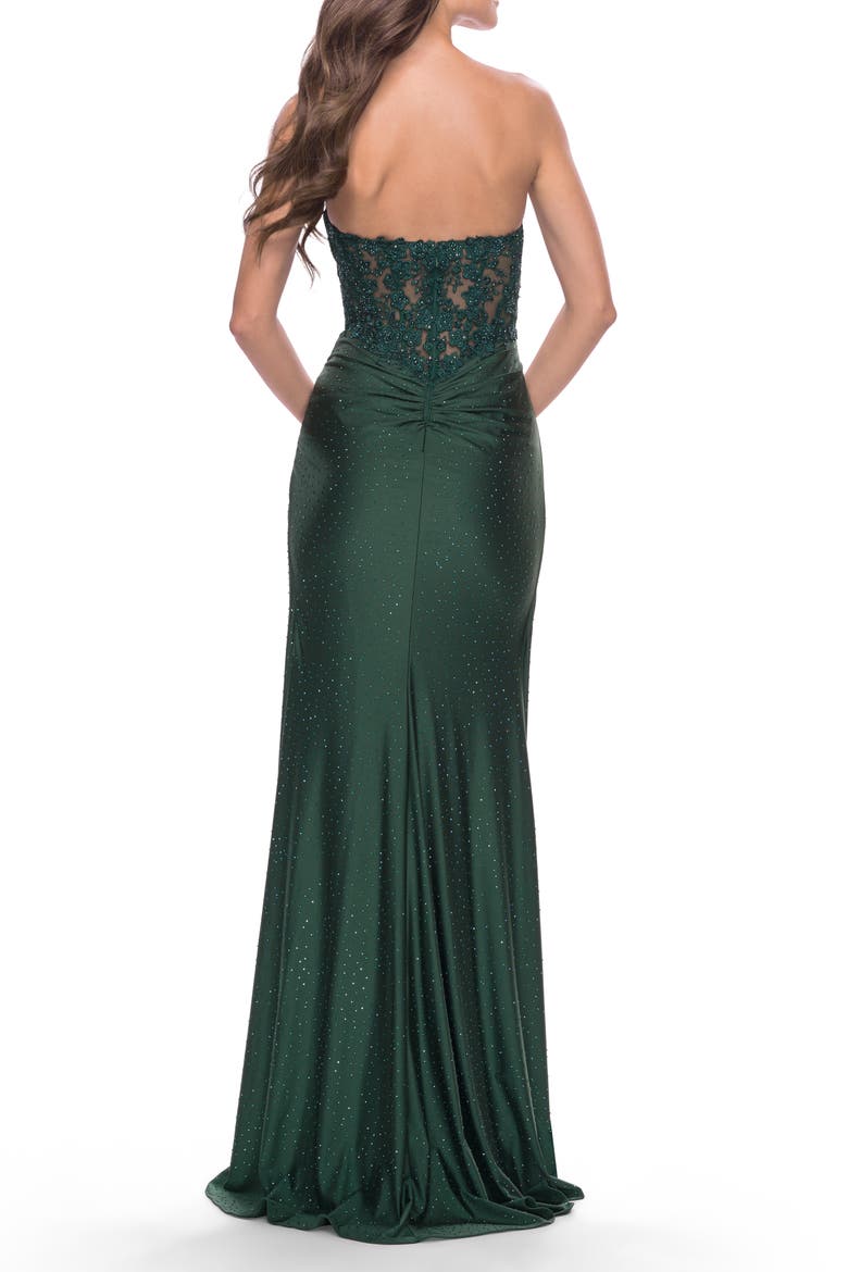 Sheer Lace Applique Bodice Dress with Jersey Skirt, Alternate, color, Dark Emerald