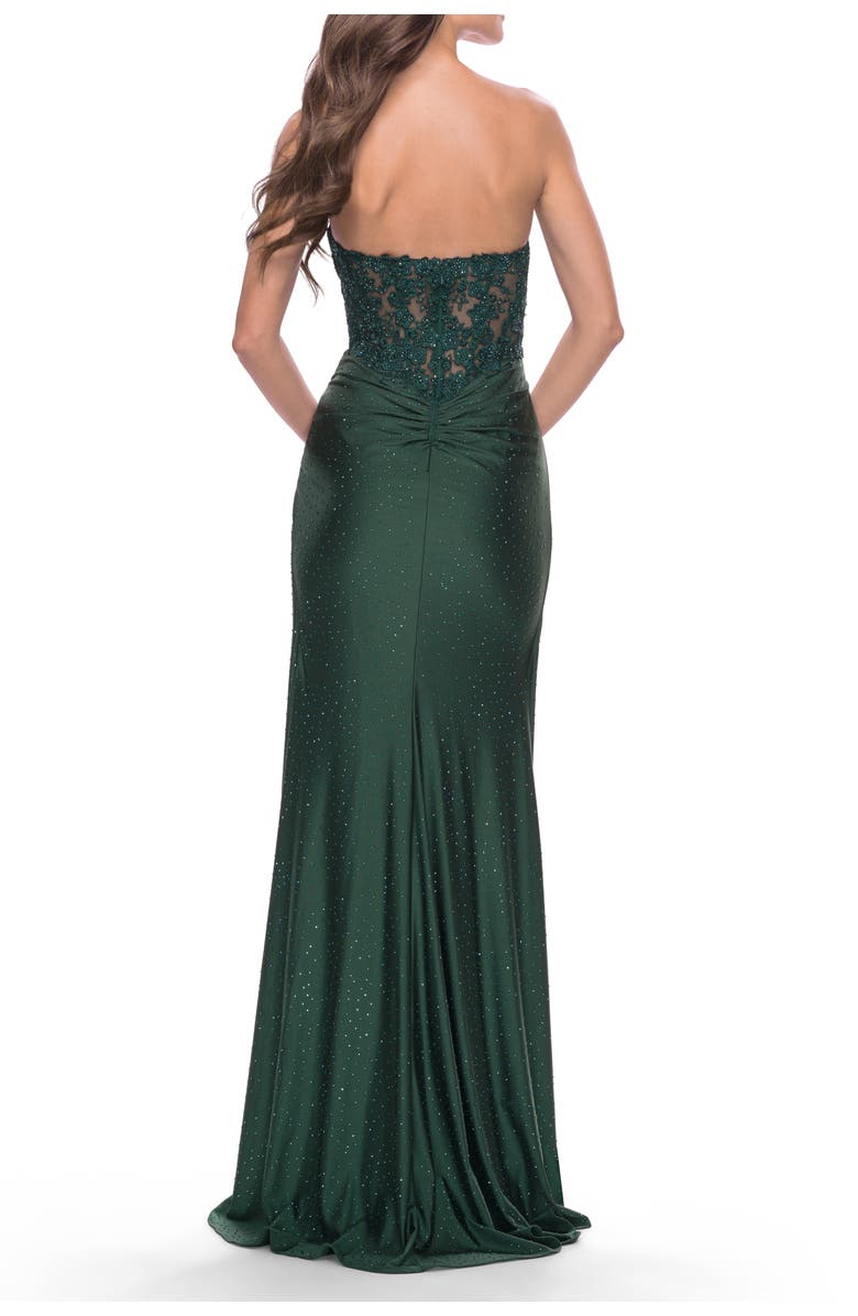 La Femme Sheer Lace Applique Bodice Dress with Jersey Skirt, Alternate, color, Dark Emerald