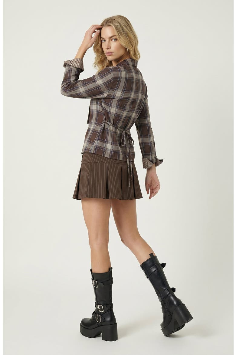 Plaid Long Sleeve Button Up Blouse with Side Tie, Alternate, color, Brown