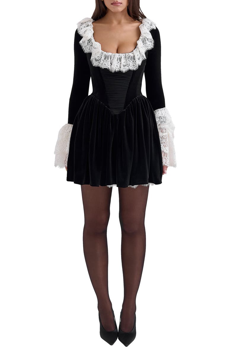 Czarina Lace Trim Ruffle Minidress, Main, color, BLACK