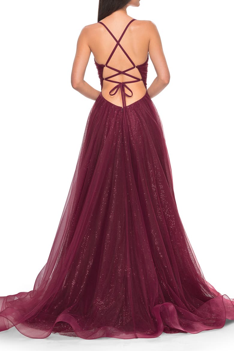 A-Line Prom Dress with Sequin Lining and Illusion Top, Alternate, color, Dark Berry