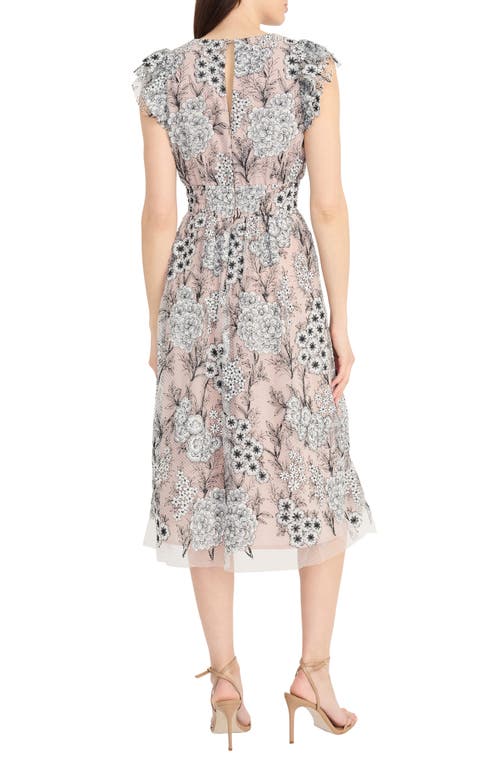 Maggy London Floral Flutter Sleeve Smock Waist Midi Dress In Black/ivory