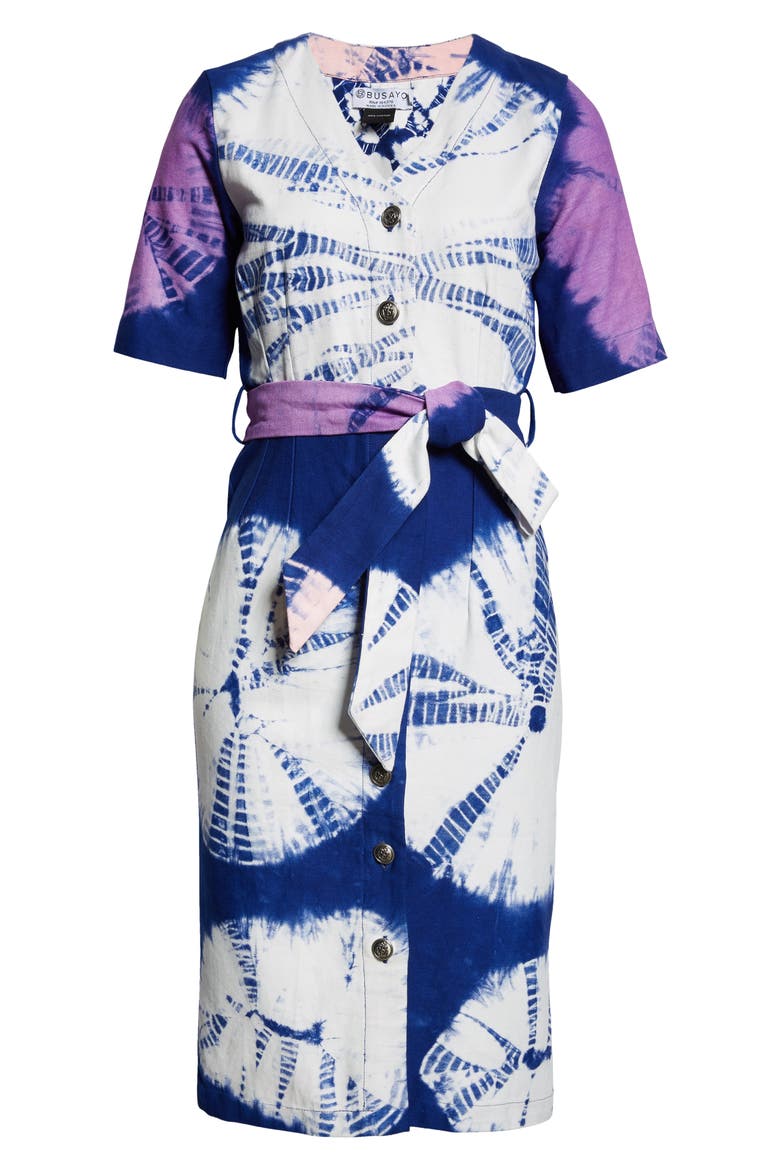 Kuti Tie Belt Button Front Denim Midi Dress, Alternate, color, BLUE MULTI