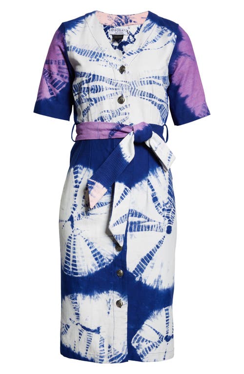 Busayo Kuti Tie Belt Button Front Denim Midi Dress In Blue Multi