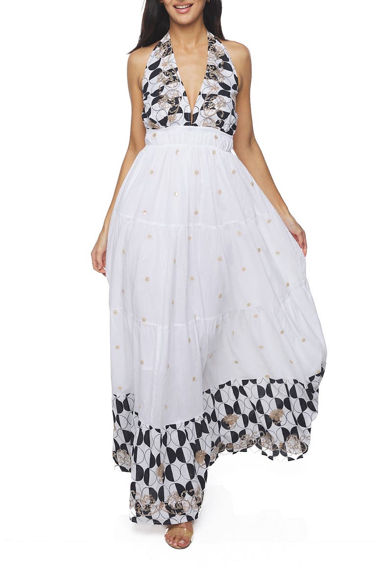Sequin Border Print Maxi Dress, Main, color, WHITE