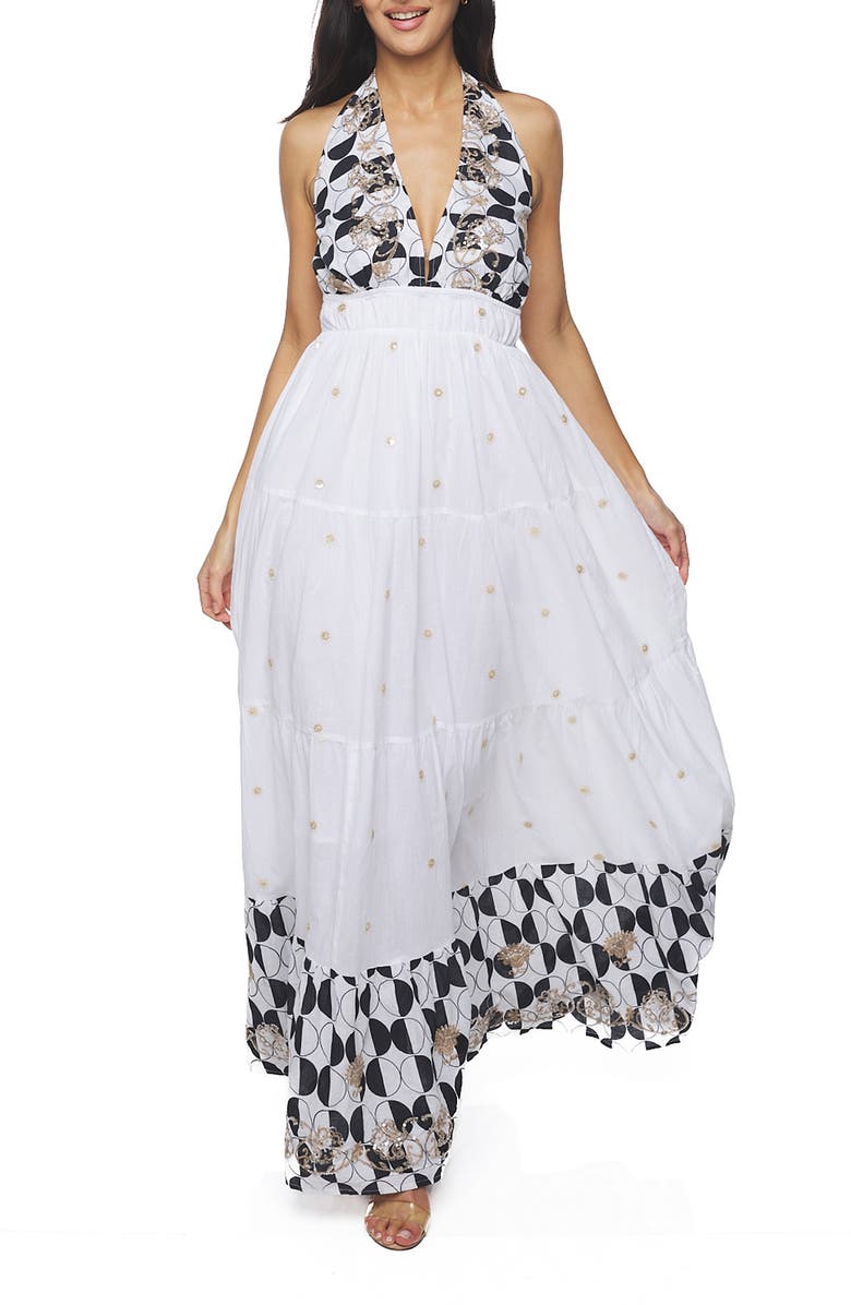 RANEES Sequin Border Print Maxi Dress, Main, color, White