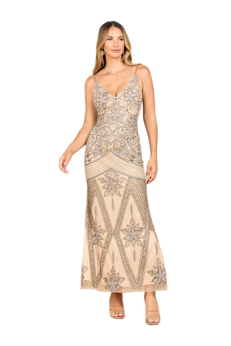 V-Neck Fitted Gown, Main, color, Nude