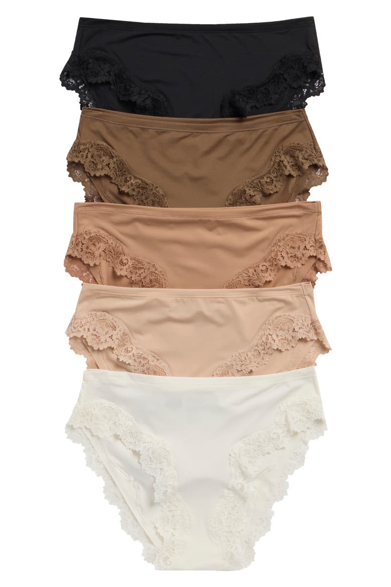 5-Pack Ultimate Stretch Lace Trim Bikini Panties, Main, color, BEIGE MULTI