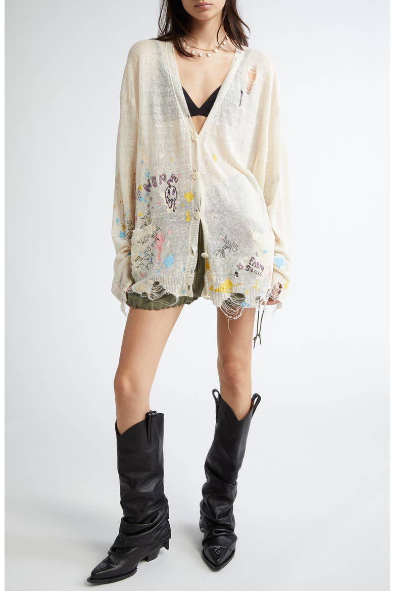 Distressed Oversize Scribble Print Boyfriend Cardigan, Alternate, color, CREAM PAINT SPLATTER SCRIBBLES