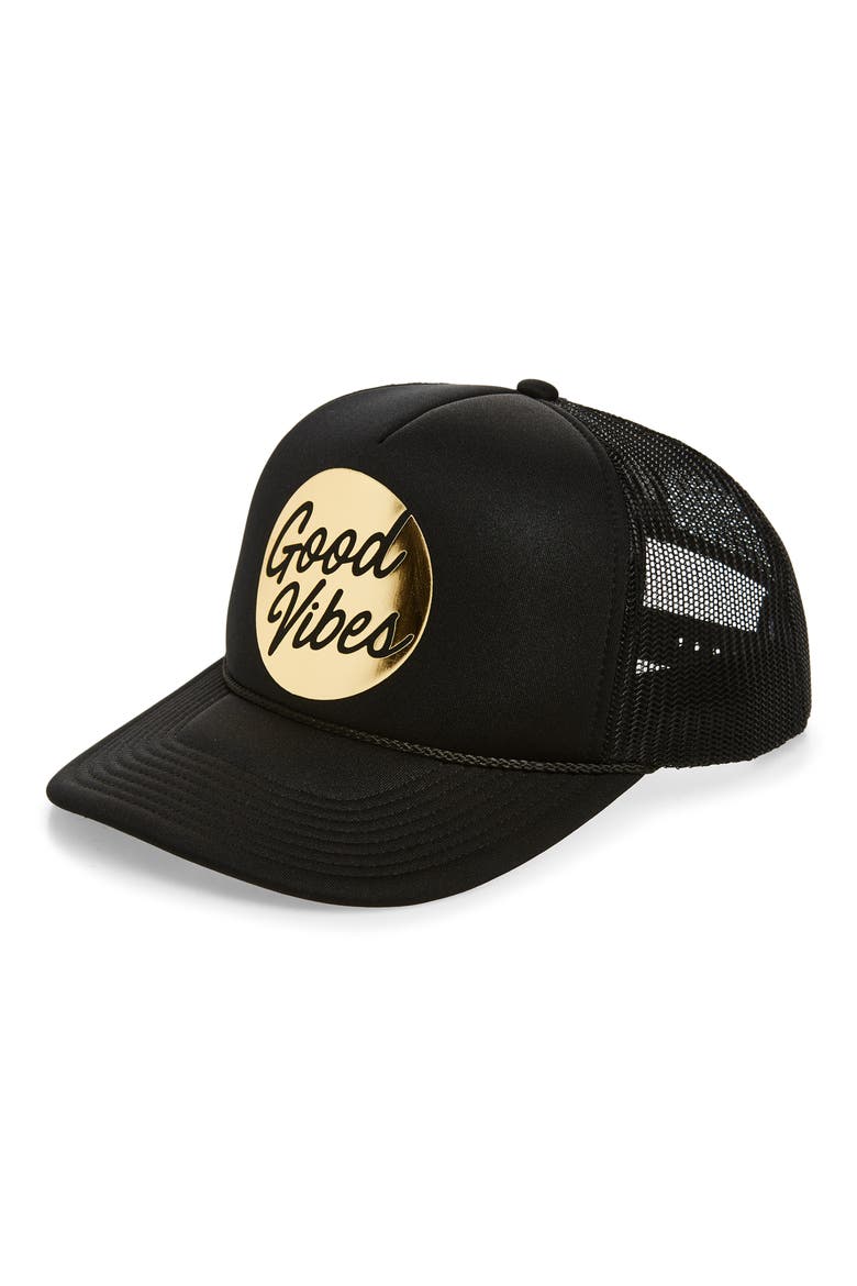 Good Vibes Trucker Hat, Main, color, BLACK