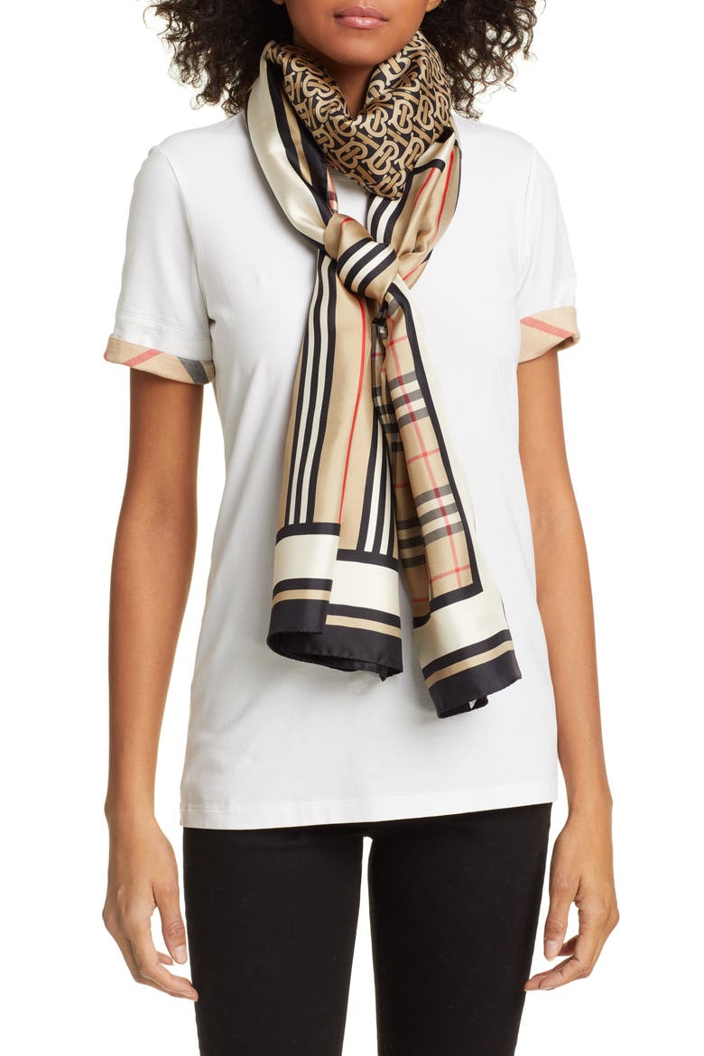 Monogram, Icon Stripe & Check Print Silk Scarf, Alternate, color, ARCHIVE BEIGE