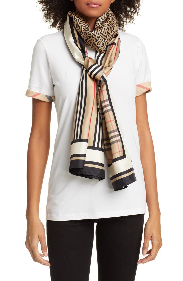 Burberry Monogram, Icon Stripe & Check Print Silk Scarf, Alternate, color,